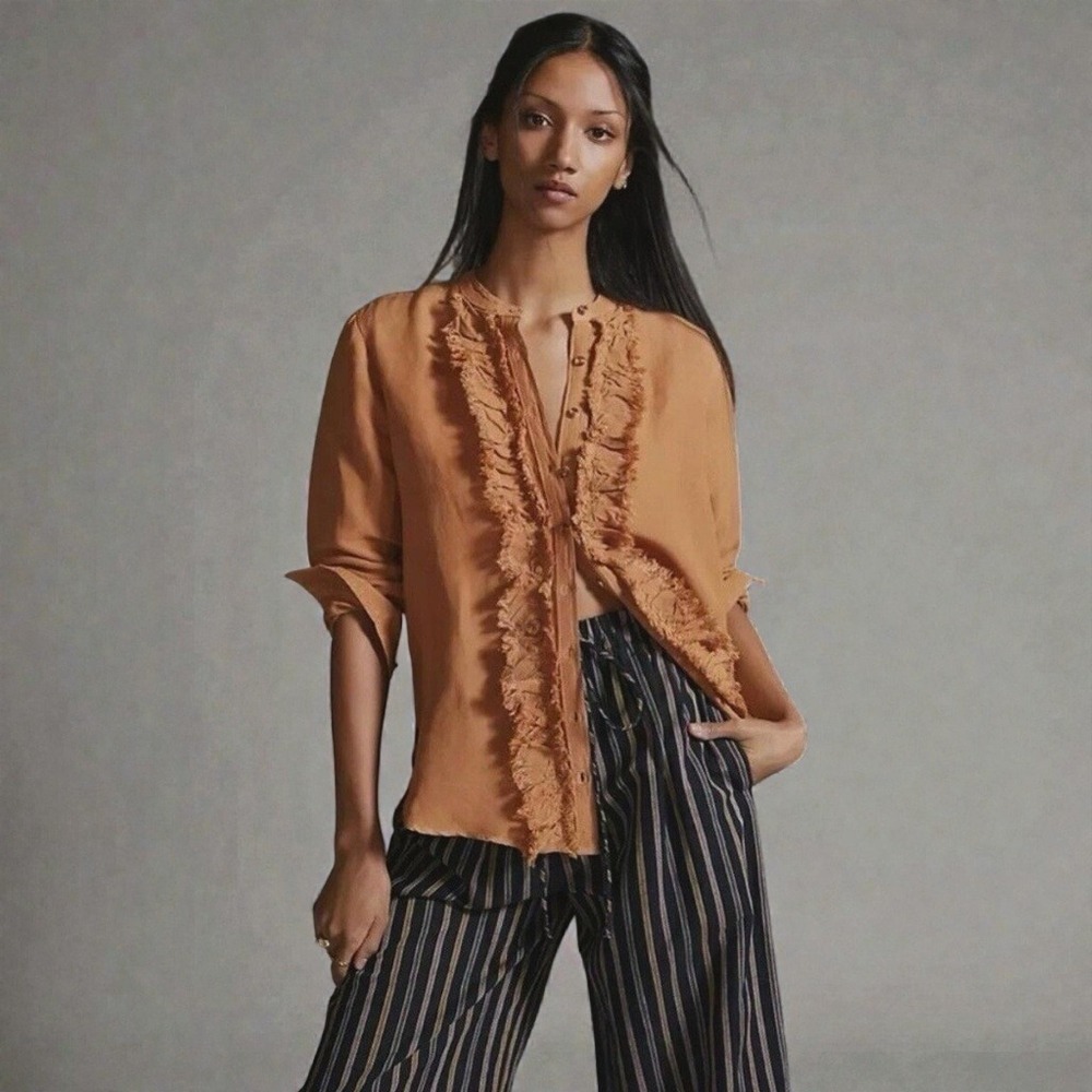 Pilcro Anthropologie Linen Blend Ruffle Front Button Blouse Sz L
